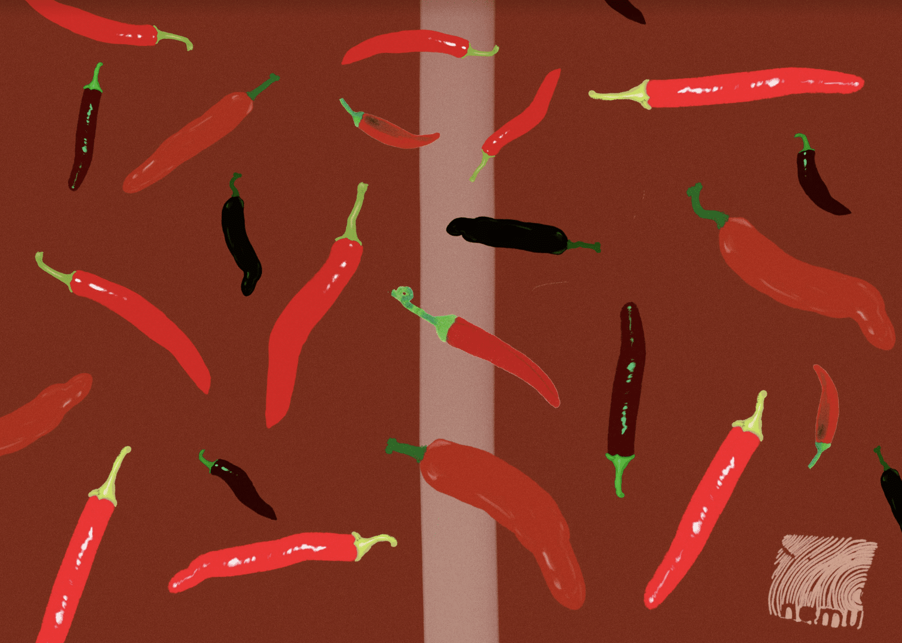 A maroon background with a white line down the center, with an array of Korean chili peppers in bright red, dark red, and black, with green stems, and the Namu restaurant logo in the right lower corner