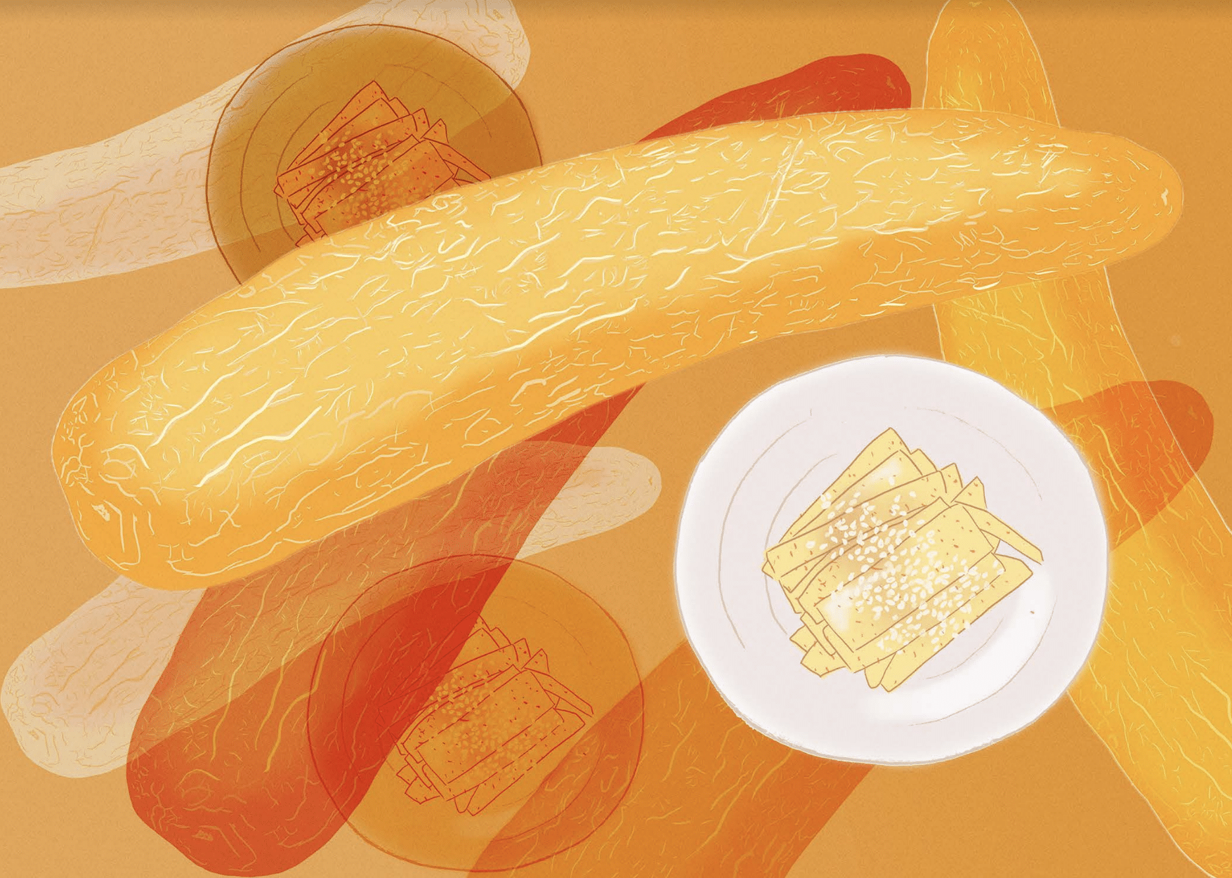 Yellow and orange cucumber shapes with a crackly pattern on their skin, layered with small plates holding chopped pieces of a yellow vegetable topped with sesame seeds, against a burnt sienna background
