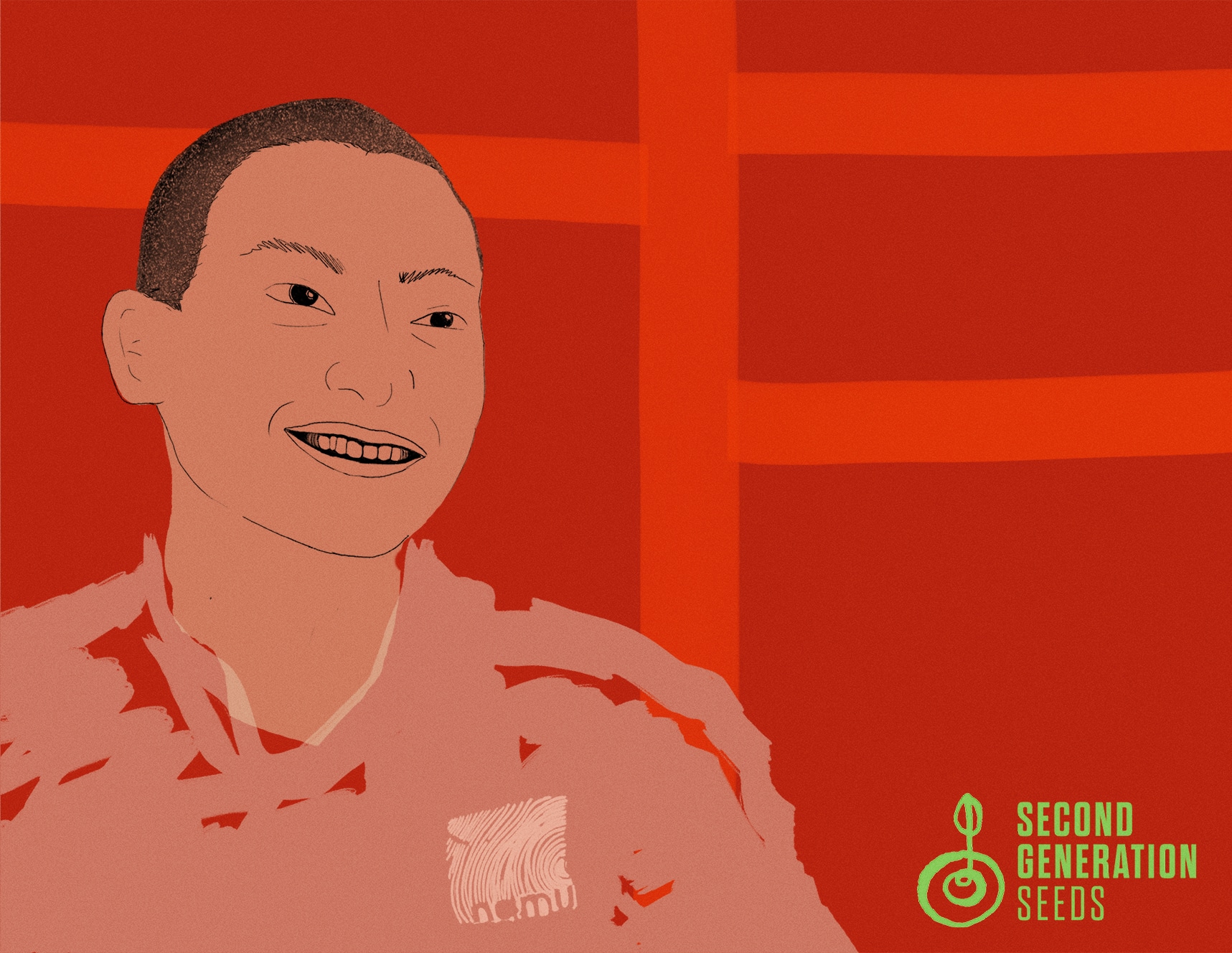 A line drawing of a Korean man with close-cropped hair smiling with teeth, turned 3/4 from the viewer, wearing a white chef's coat with the Namu restaurant logo above the left side of the chest, against a dark red and bright red line pattern in the background