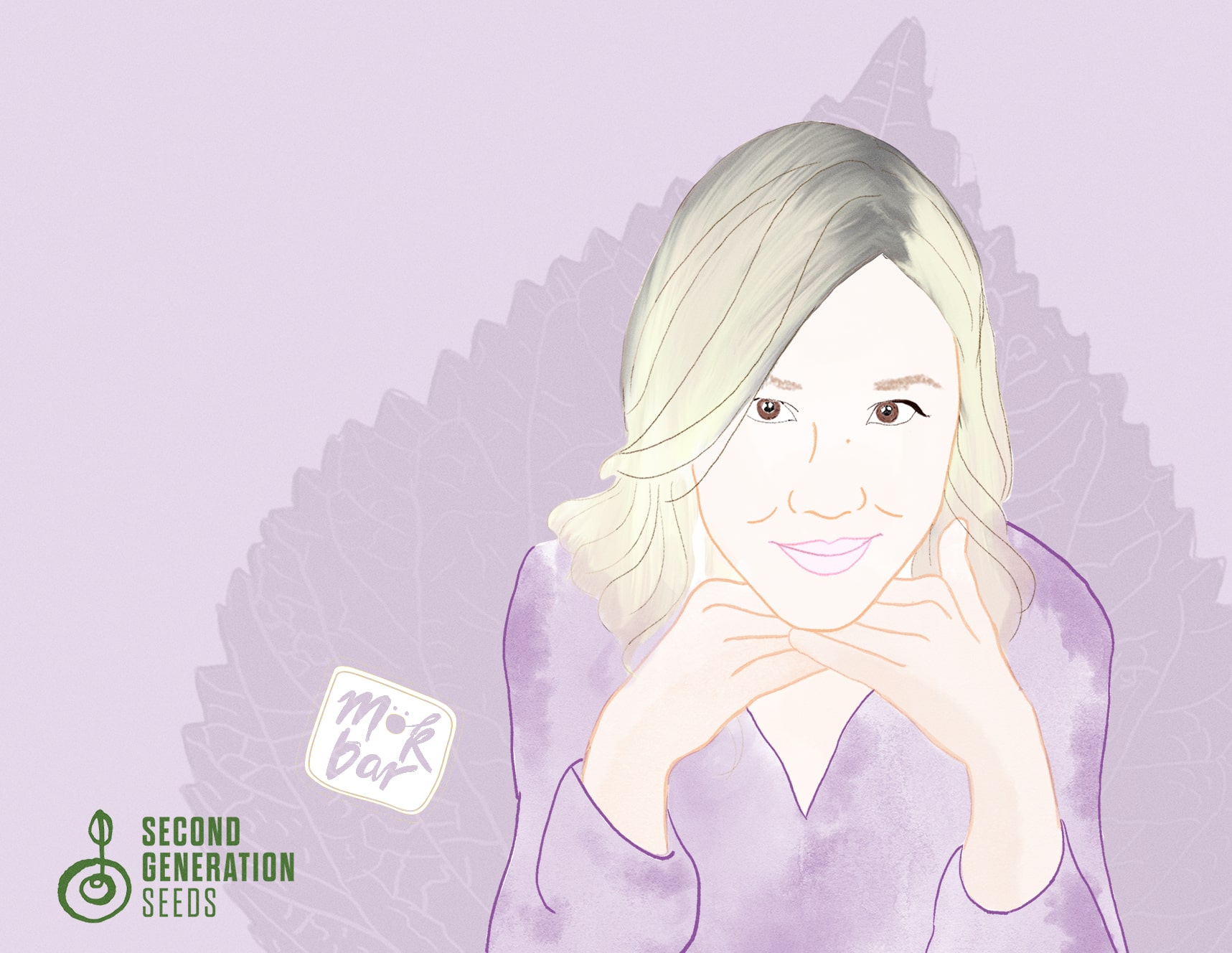 A line drawing of a Korean woman with black and blonde ombre hair facing the camera with her chin propped on her folded hands, with the Mok Bar restaurant logo against a lavender background
