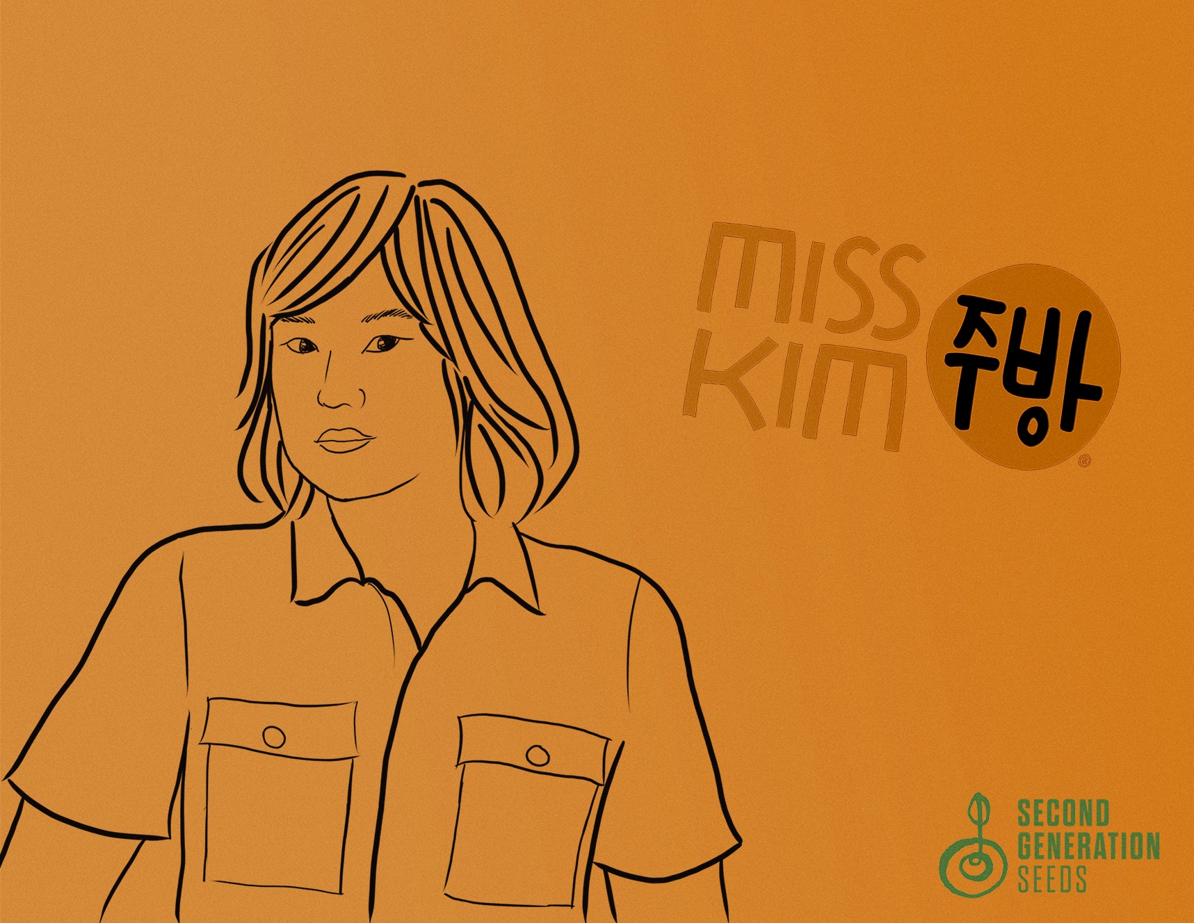 A line illustration of a Korean woman with a bob haircut and bangs, with her face turned 3/4 toward the viewer, with the Miss Kim restaurant logo to her right, against a burnt sienna background