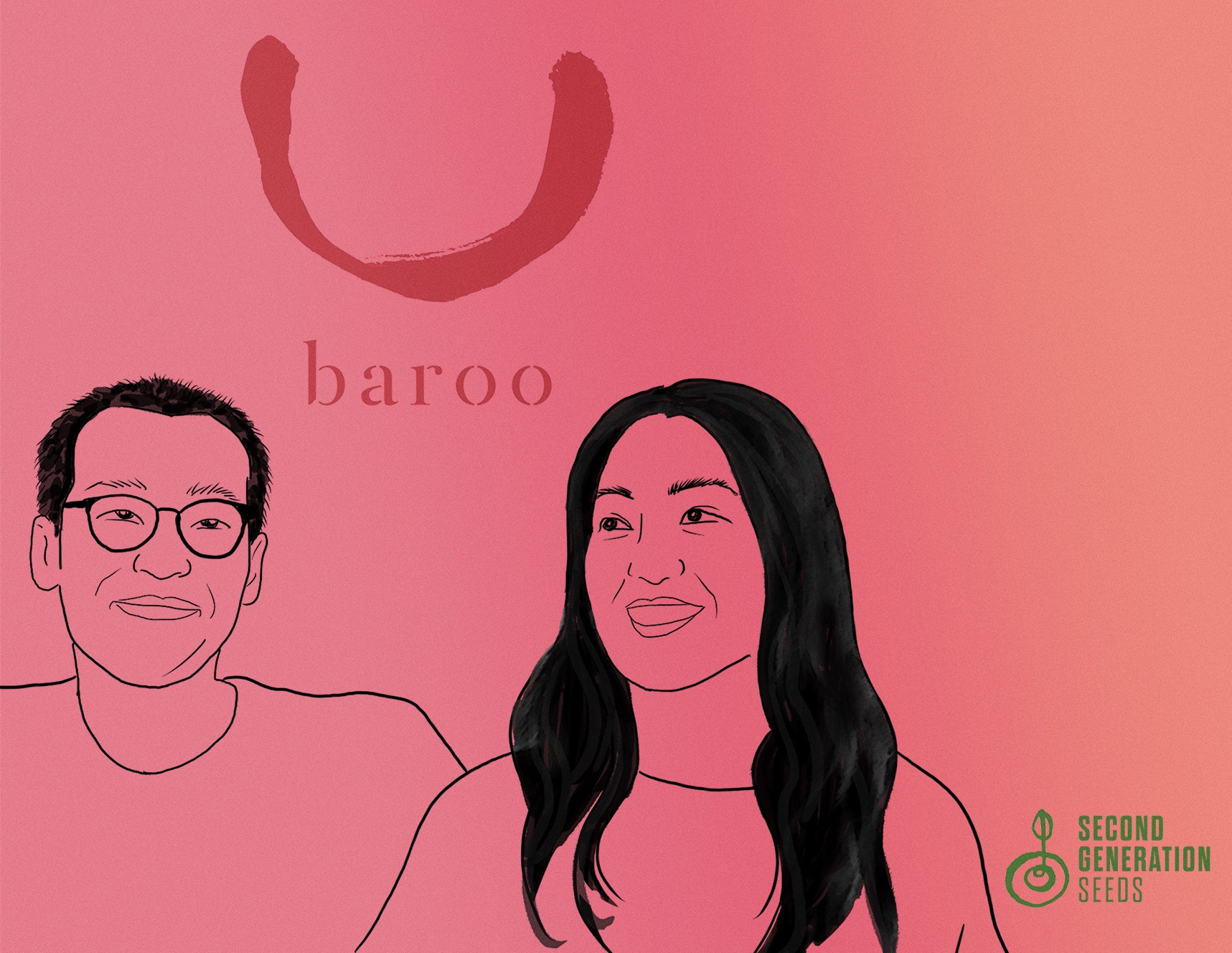 A line drawing of a Korean man with close-cropped hair and glasses, smiling with his mouth closed, next to a Korean woman with long hair, smiling with teeth and turned 3/4 to the viewer, with the Baroo restaurant logo behind them, against a rose pink background